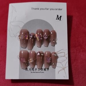 Handcrafted Nude Pink Rhinestone Press-On Nails - Elegant Almond Shape
